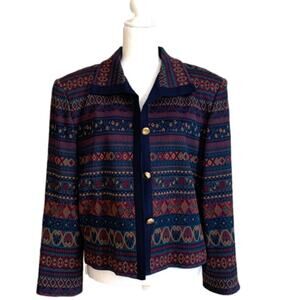 Vintage Henry Lee Blazer Navy Multicolored Print Cardigan Jacket Size 16 Petite